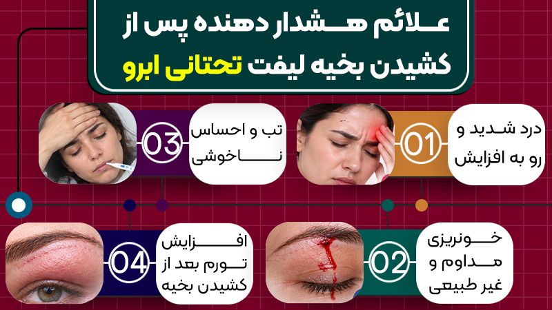 مراقبتهای لیفت تحتانی ابرو بعد از کشیدن بخیه 2 علائم هشدار دهنده پس از کشیدن بخیه لیفت تحتانی ابرو